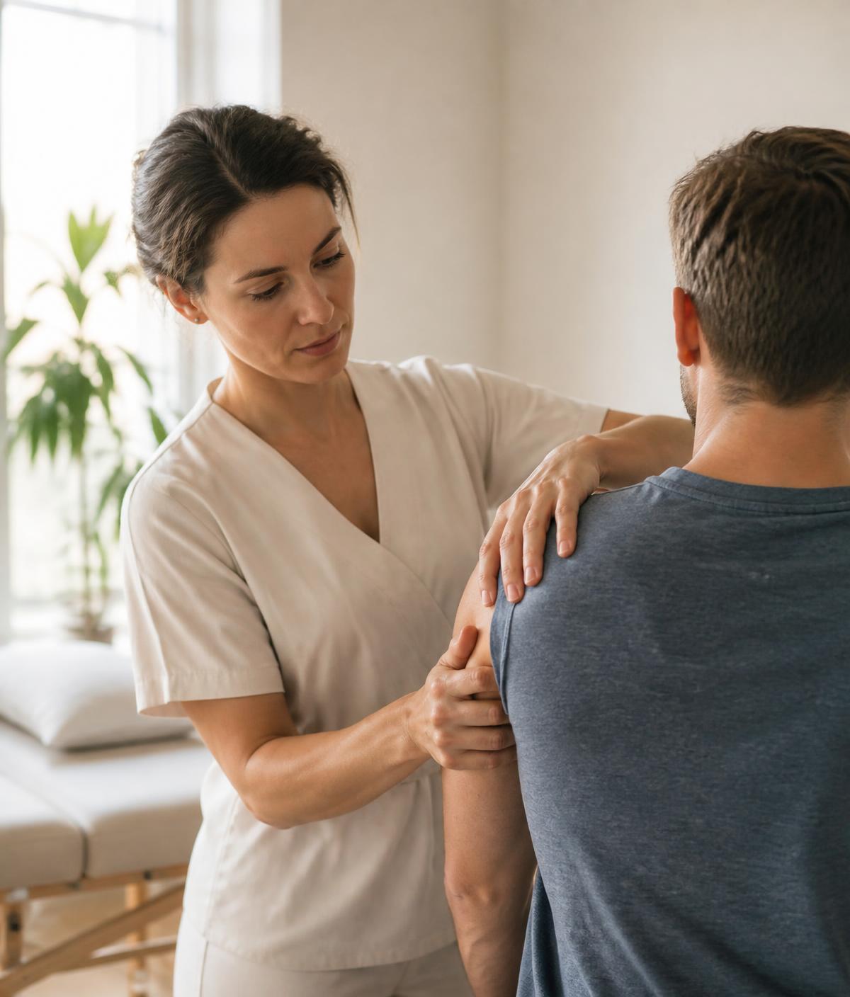 Clinician assessing a patient's shoulder during a physiotherapy appointment